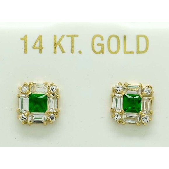 Created Emerald & White Sapphire Stud Earrings 14k Solid Gold